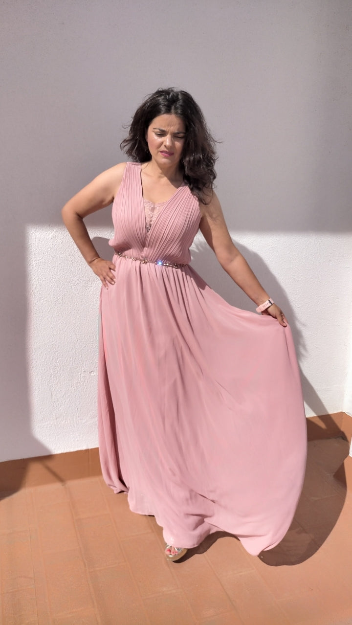vestido largo gasa perla