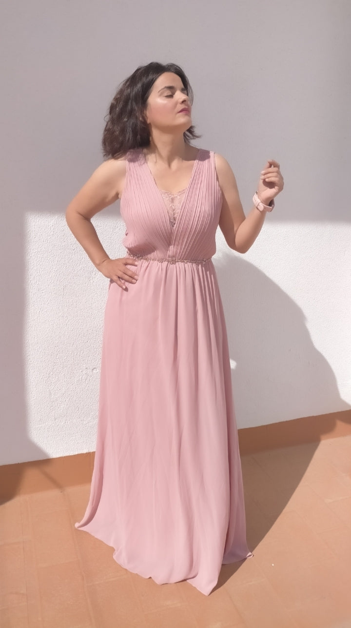 vestido largo gasa perla